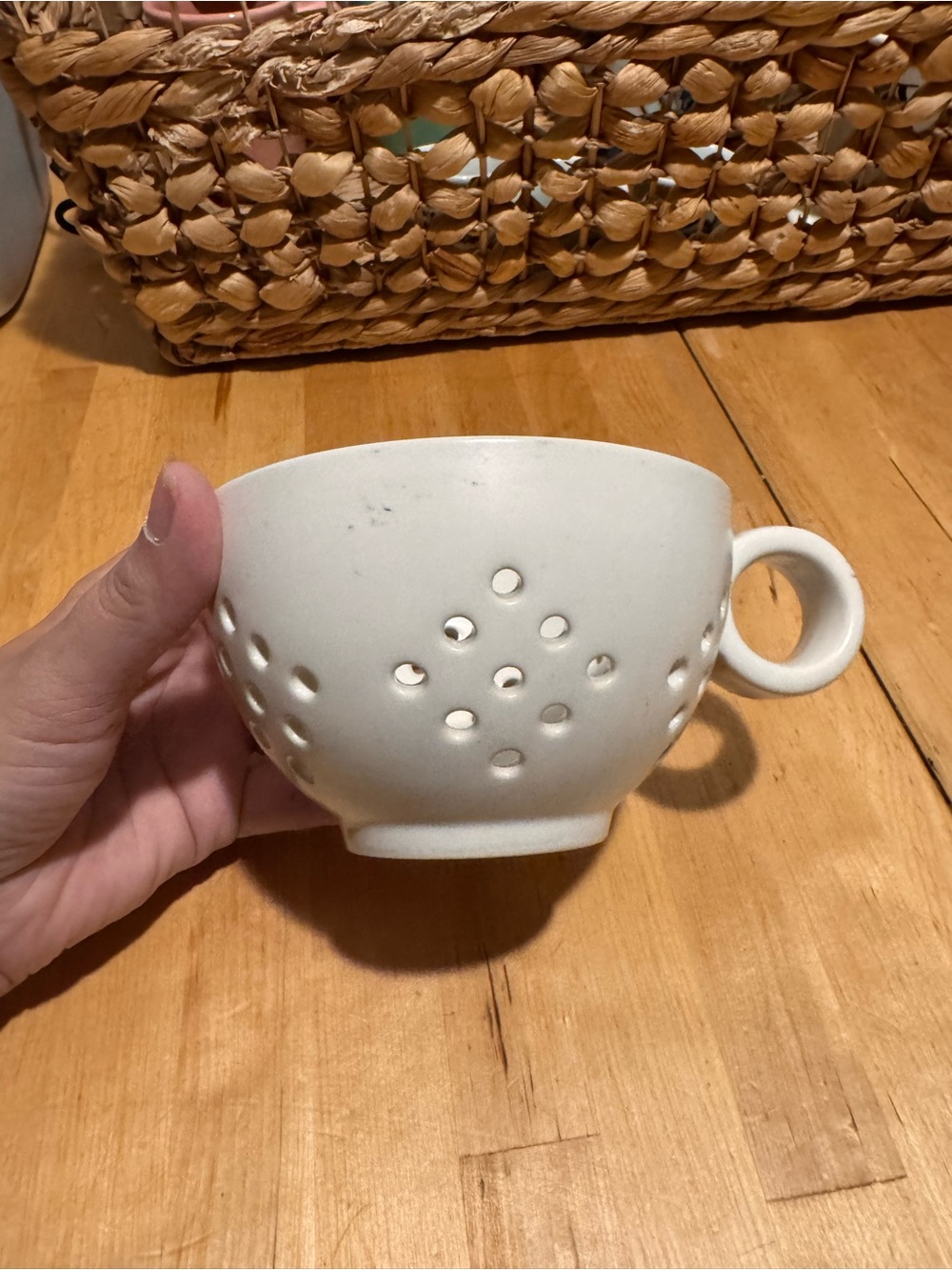 Crate&Barrel White Ceramic Colander Mug with Round Handle